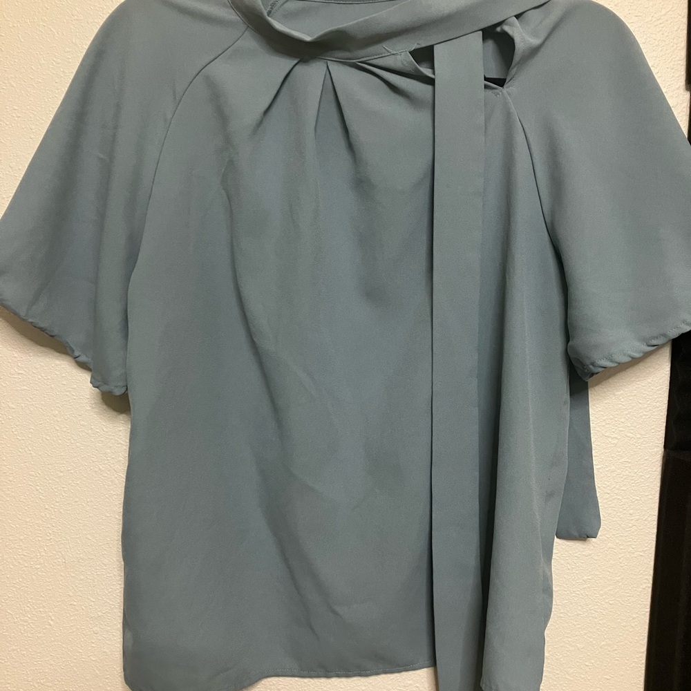 SHEIN Sage Blue Tie-Neck Flutter Sleeve Blouse
